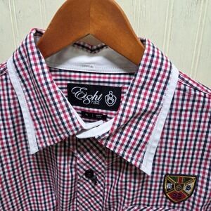 8732 Shirt Mens XL Red Plaid Long Sleeve Button-Up Crest Casual Embroidered